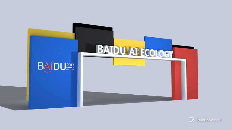 White Archway with BAIDU AI ECOLOGY Sign and Colorful Blue Yellow Black Red Panels 3d model 