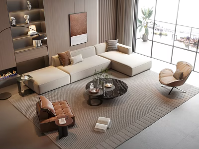 Modern Living Room Sofa Coffee Table Set With L Shaped Design And Accent Chairs 3d model