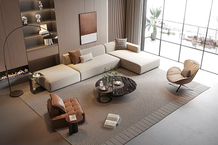 Sofa Combination Sofa Coffee Table Living Room Leather Sofa Stool Decorative Painting Round Coffee Table 3d model