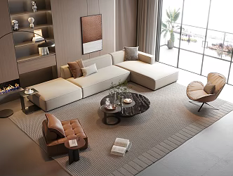 Sofa Combination Sofa Coffee Table Living Room Leather Sofa Stool Decorative Painting Round Coffee Table 3d model