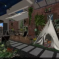 Garden Landscape With Teepee Tent Lush Green Plants Brick Wall String Lights And Outdoor Seating
