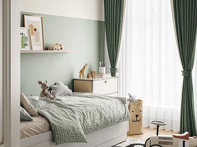 Cozy Kids Room With Light Green Wall Green Curtains Bed Stuffed Toys And Shelf Decorations 3d model