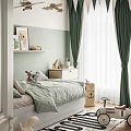 Cozy Kids Room With Light Green Wall Green Curtains Bed Stuffed Toys And Shelf Decorations