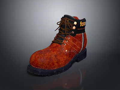 Rust Colored Fox Leather Safety Work Boots With Brown Laces And Black Sole 3d model
