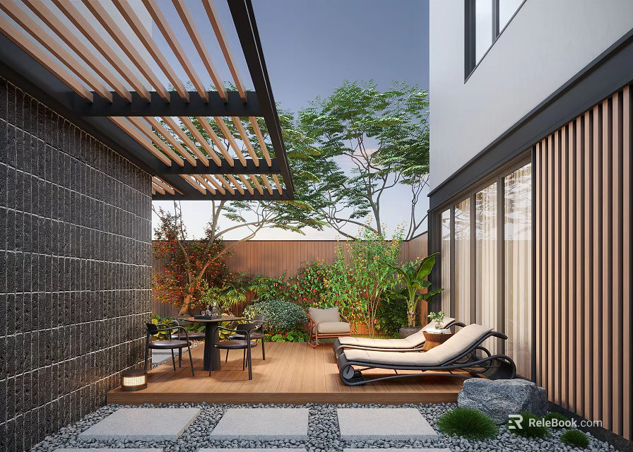 Elegant Courtyard Garden With Wooden Pergola Outdoor Lounge Chairs Wooden Deck And Greenery 3d model 