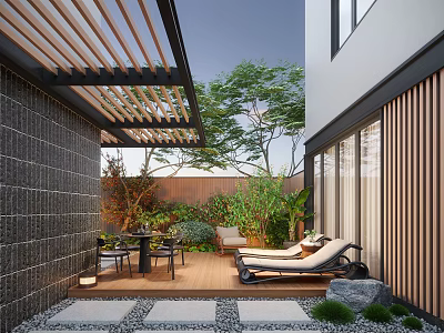 Elegant Courtyard Garden With Wooden Pergola Outdoor Lounge Chairs Wooden Deck And Greenery 3d model