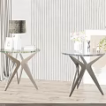 Elegant Glass Top Side Tables With Cross Metal Frame And Flower Vase On Wooden Floor