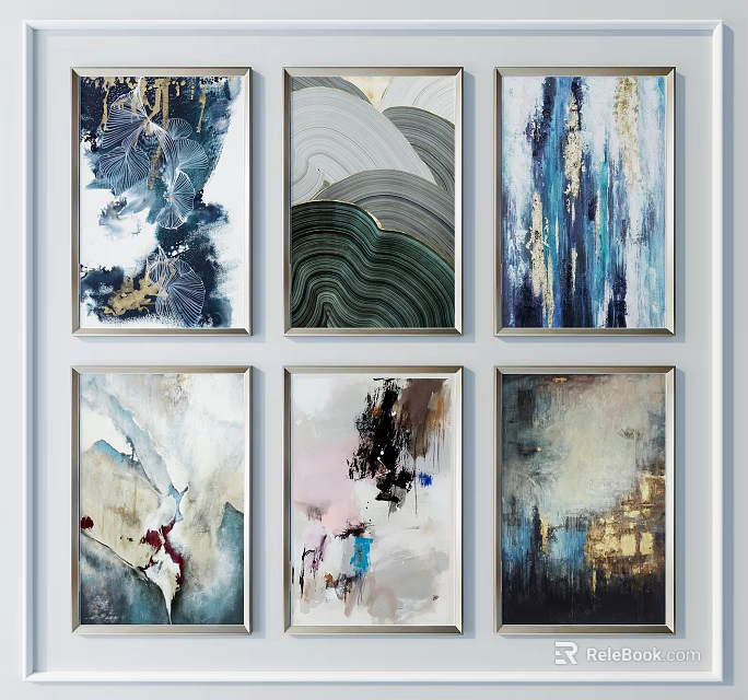 Colorful Abstract Paintings With Framed Wall Decor And Textured Blue Green Gold Artwork 3d model 