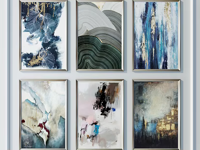Colorful Abstract Paintings With Framed Wall Decor And Textured Blue Green Gold Artwork 3d model