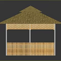 Wooden Outdoor Pavilion With Thatched Roof Lattice Panels And Slender Support Columns