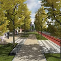 Scenic Park Landscape With People Playing Walking And Resting Among Autumn Trees And Red Pathway