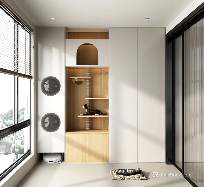 Modern Home Balcony Interior Design With Cat Tree Condo And Window Storage 3d model 