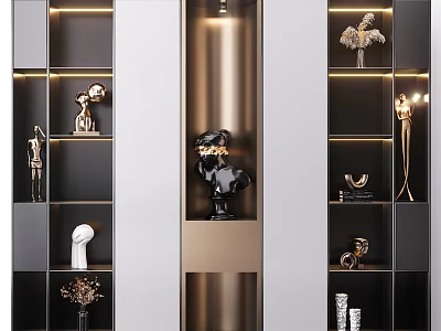 Modern Luxury Decorative Cabinet With Black And Gold Design Built In Lighting And Decorative Sculptures Vases 3d model