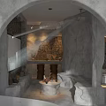 Cartoon Scene Featuring Arched Doorway Light Streaming Through Window Stone Seats Coffee Table and Plants