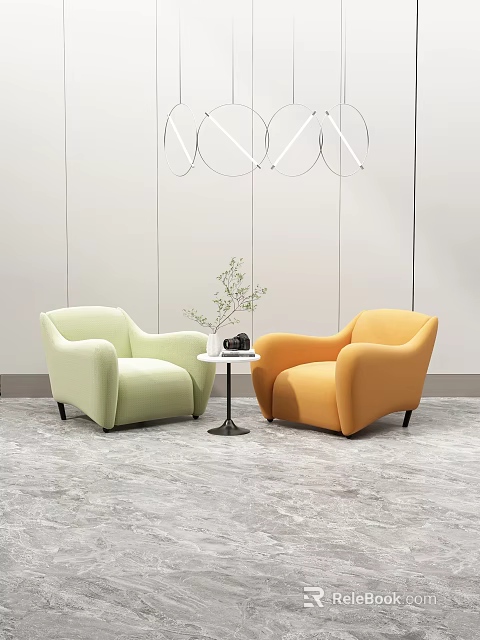 Light Green And Orange Armchairs With Small Round Table And Decorative Plant 3d model 