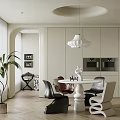 Modern Open Restaurant Interior With White Cabinets Round Table Chairs And Pendant Light 3d model