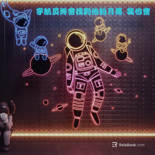 Neon Astronaut Shaped Decorative Lights With Planets And Space Elements 3d model 