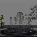Decorative Garden Fountain With Water Sprays Small Plants And Pine Tree Accents