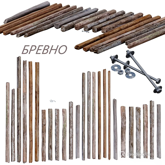 Wooden Logs and Poles Construction Components With Metal Fasteners and Washers 3d model 