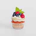 Freshly Baked Cupcake With White Whipped Cream Blueberries Raspberries And Mint Leaves On Light Background