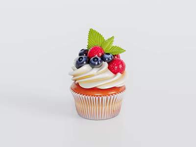 Freshly Baked Cupcake With White Whipped Cream Blueberries Raspberries And Mint Leaves On Light Background 3d model