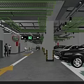 Indoor Parking Garage With Green And Yellow Pillars Ceiling Grid Floor Arrows And Parked Cars