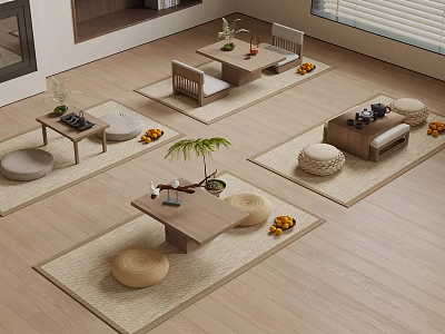 Japanese Style Wooden Tea Table And Chairs With Cushions Rugs And Tea Sets 3d model