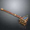 Ornate Decorative Weapon With Red Handle Golden Accents Blue Panel And Geometric Base
