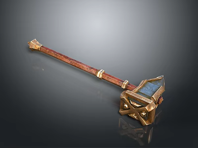 Ornate Decorative Weapon With Red Handle Golden Accents Blue Panel And Geometric Base 3d model