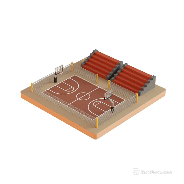 School Campus Basketball Court With Red Bleachers Basketball Hoops And Perimeter Fencing 3d model 