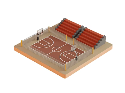 School Campus Basketball Court With Red Bleachers Basketball Hoops And Perimeter Fencing 3d model