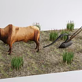 Rustic Garden Ornament Scene With Brown Ox Pulling Plow And Green Grass Plants