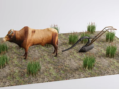 Rustic Garden Ornament Scene With Brown Ox Pulling Plow And Green Grass Plants 3d model Rustic Garden Ornament Scene With Brown Ox Pulling Plow And Green Grass Plants 3d model