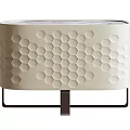 Modern Cream Colored Entryway Cabinet With Hexagonal Honeycomb Design And Black Metal Base