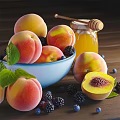 Fresh Ripe Peaches in Blue Bowl with Blackberries Blueberries and Honey Jar on Wooden Table