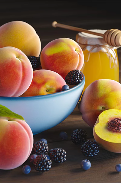 Fresh Ripe Peaches in Blue Bowl with Blackberries Blueberries and Honey Jar on Wooden Table 3d model
