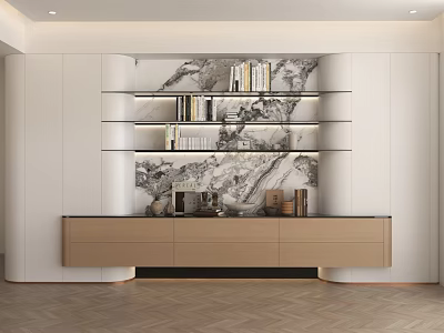 Modern Light Wood Sideboard With Open Shelves Books And Decorative Items Against Marble Wall 3d model