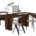 Modern Wooden Dining Table And Mixed Design Chairs Set With Green Plant And Books