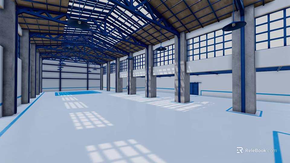 Spacious Industrial Factory Interior With Metal Frame High Ceiling And Large Windows 3d model 