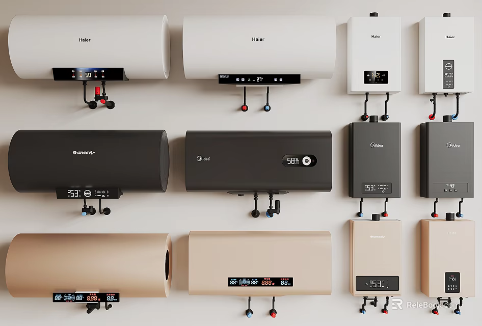 Various Wall Mounted Electric Water Heaters As Kitchen Appliances With Different Colors And Styles 3d model 