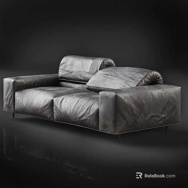 Sleek Modern Gray Leather Two Seater Sofa With Soft Cushions And Armrests 3d model 