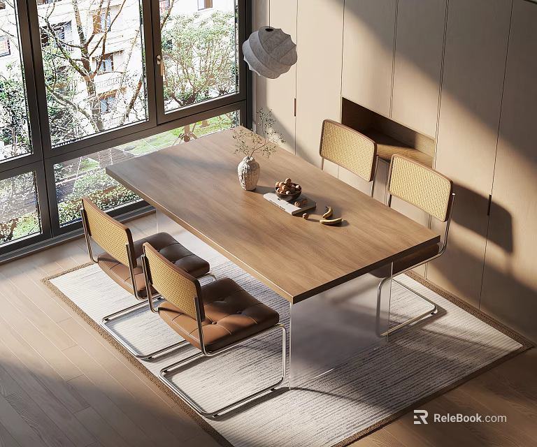 Modern Wooden Dining Table Set With Four Chairs And Natural Light Through Large Windows 3d model 