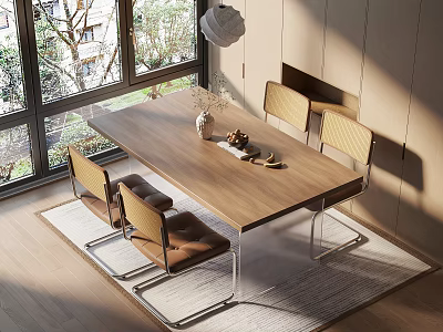 Modern Wooden Dining Table Set With Four Chairs And Natural Light Through Large Windows 3d model