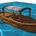 Traditional Wooden Boat with Gray Canopy Floating on Blue Water with Chest and Pots