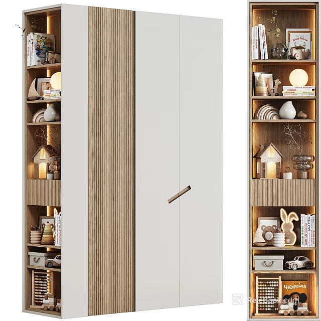 Modern Wardrobe Design With Wooden And White Panels And Surrounding Bookshelves With Decorations And Lamps 3d model 
