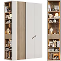 Modern Wardrobe Design With Wooden And White Panels And Surrounding Bookshelves With Decorations And Lamps