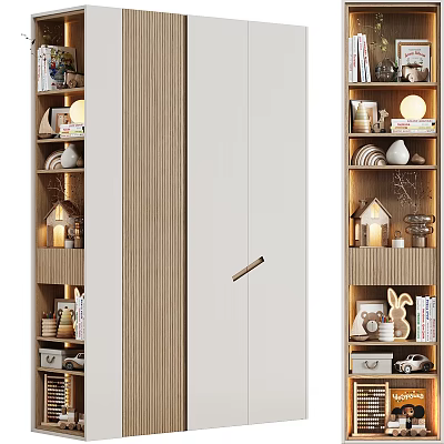 Modern Wardrobe Design With Wooden And White Panels And Surrounding Bookshelves With Decorations And Lamps 3d model