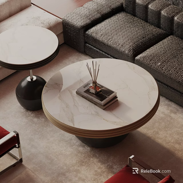 Modern Dark Sofa and Round Marble Top Coffee Table Set with Aromatherapy Sticks and Books 3d model 