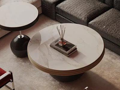 Modern Dark Sofa and Round Marble Top Coffee Table Set with Aromatherapy Sticks and Books 3d model