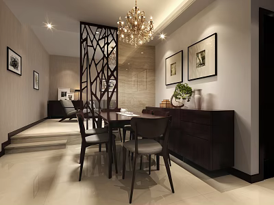 Elegant Modern Restaurant Interior With Dining Table Chairs Chandelier Partition And Decorative Paintings 3d model